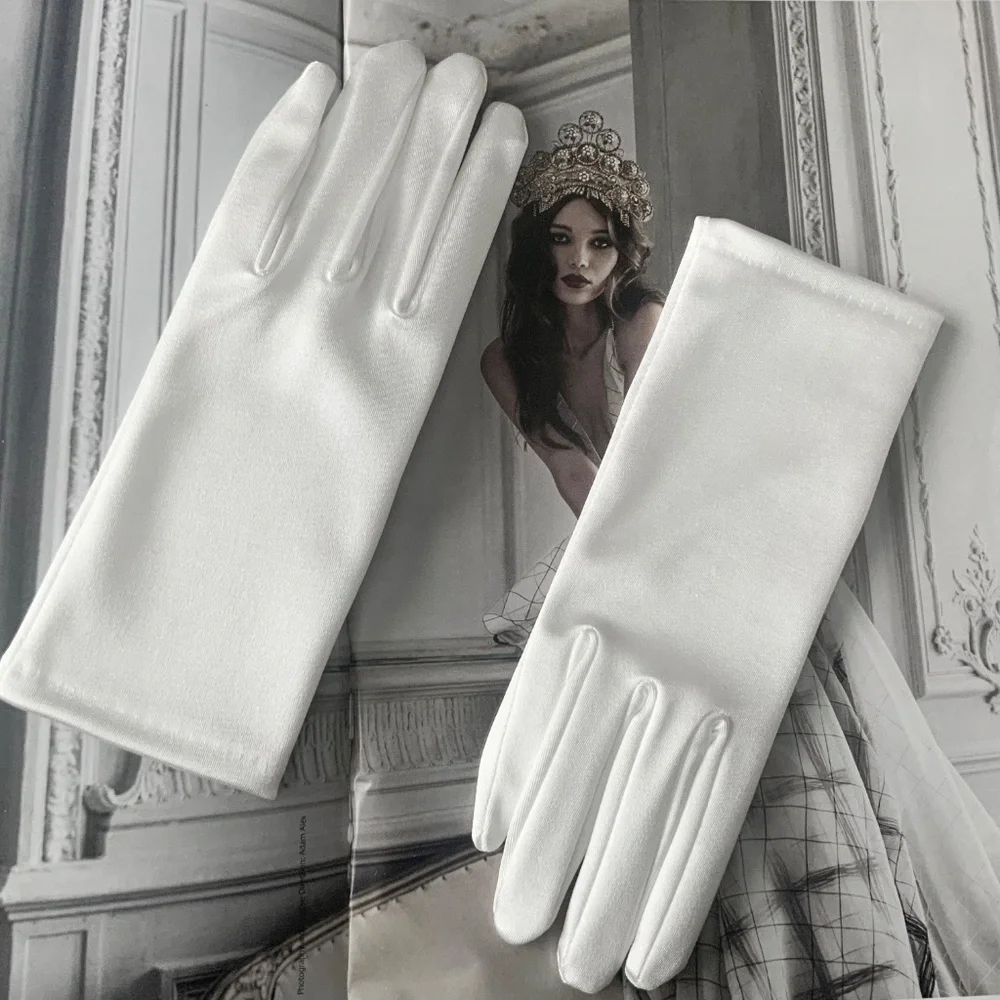 Premium Quality White Satin Short Gloves Wrist Length Wedding Gloves for Bride